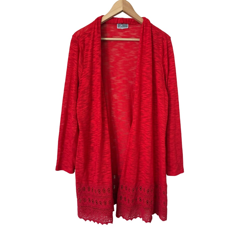 JM Collection Womens Red Open Front Cardigan Eyelet Lace Hem Longline Sweater